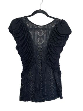 Y2K Fairycore Black Ruched Sleeve Lace-Panel Women's Top